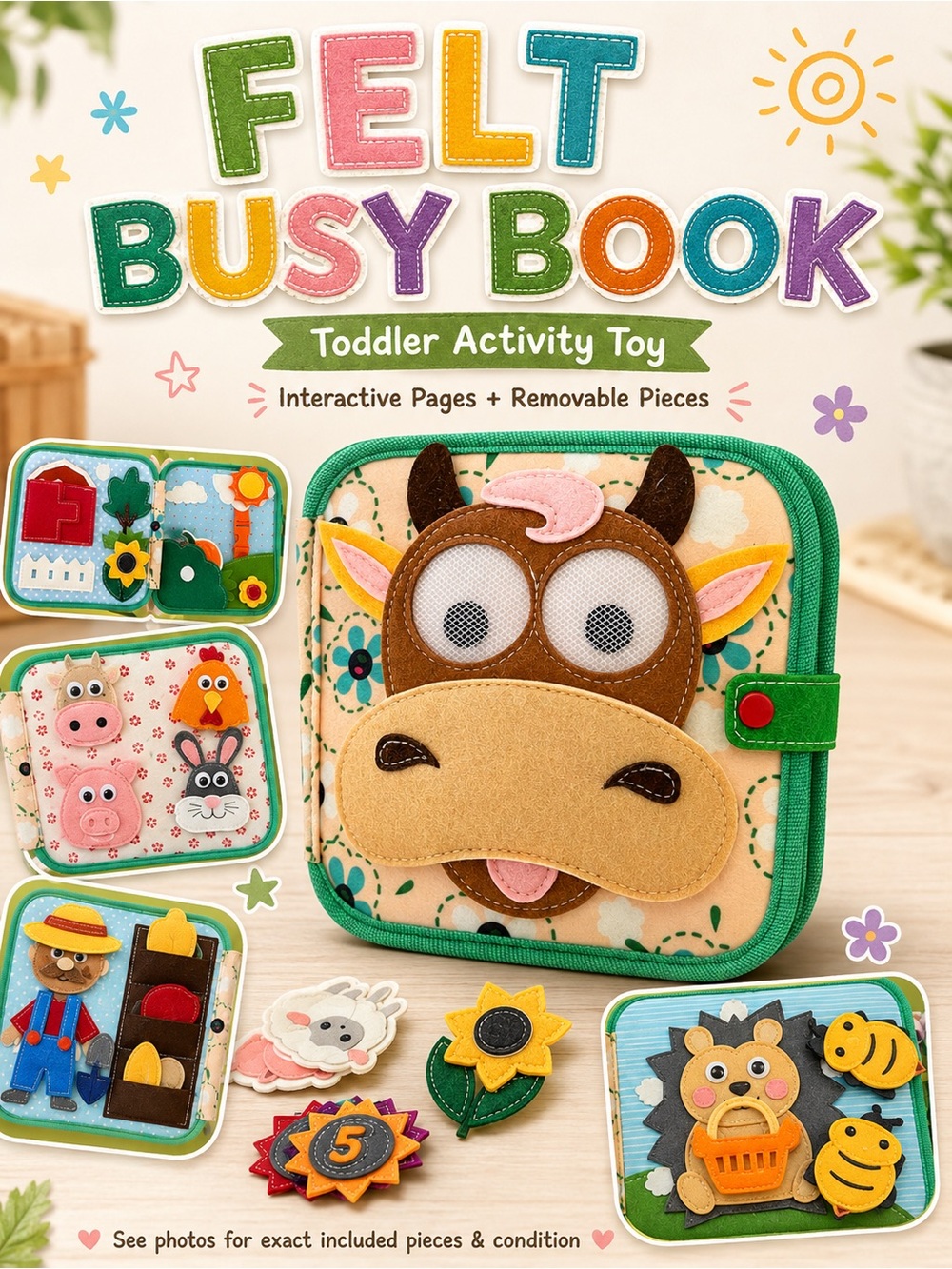 Montessori Felt Busy Book Farm Animals Toddler Learning Activity Toy